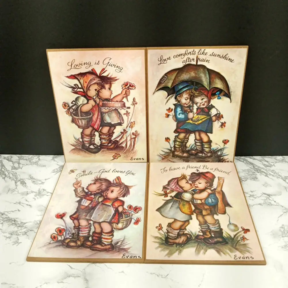 Four Hummel Evans Laminate Prints On Wood Vintage Decor