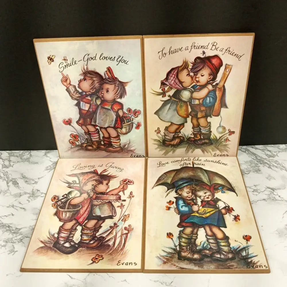 Four Hummel Evans Laminate Prints On Wood Vintage Decor
