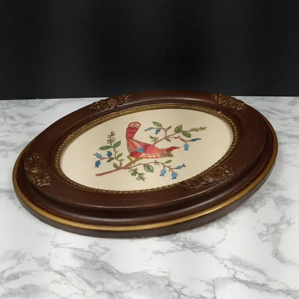 Antique Framed Red Bird Needlepoint ( Vintage ) Decor