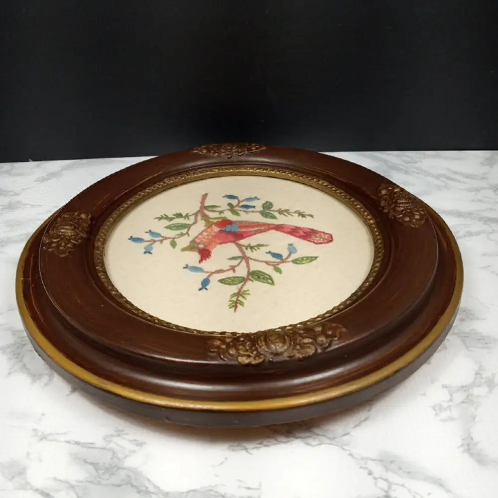 Antique Framed Red Bird Needlepoint ( Vintage ) Decor