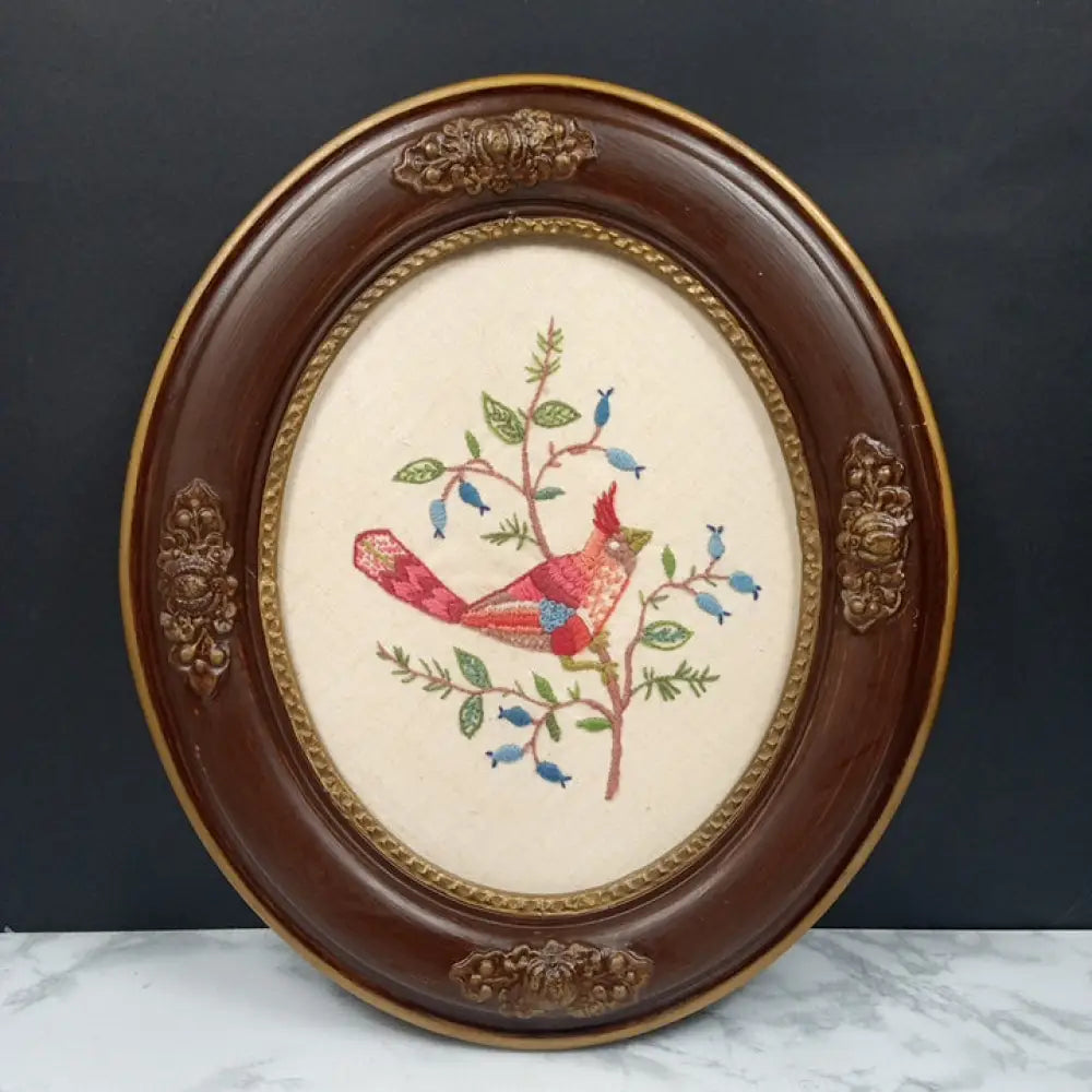 Antique Framed Red Bird Needlepoint ( Vintage ) Decor