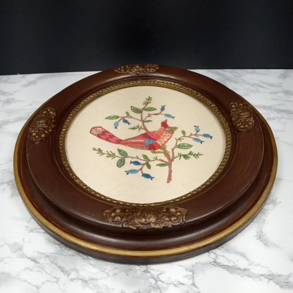 Antique Framed Red Bird Needlepoint ( Vintage ) Decor