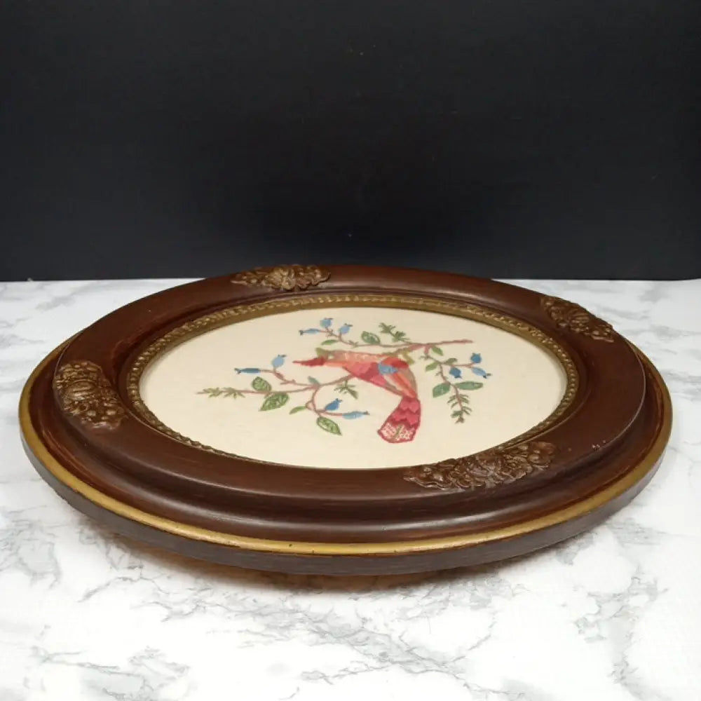 Antique Framed Red Bird Needlepoint ( Vintage ) Decor