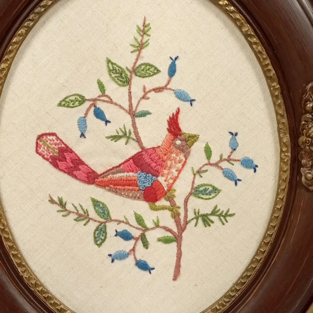 Antique Framed Red Bird Needlepoint ( Vintage ) Decor