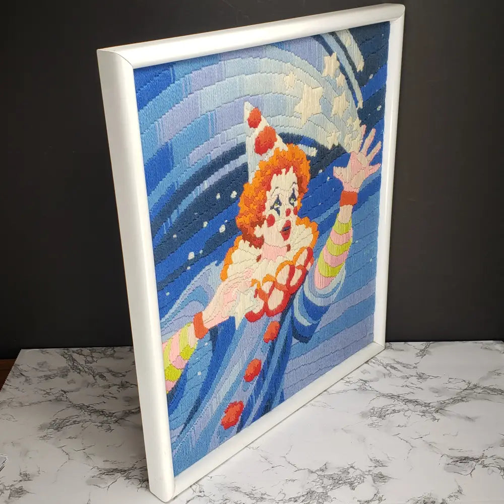 Framed Handmade Catch A Shooting Star Monarch Clown Crewel (Vintage) Decor