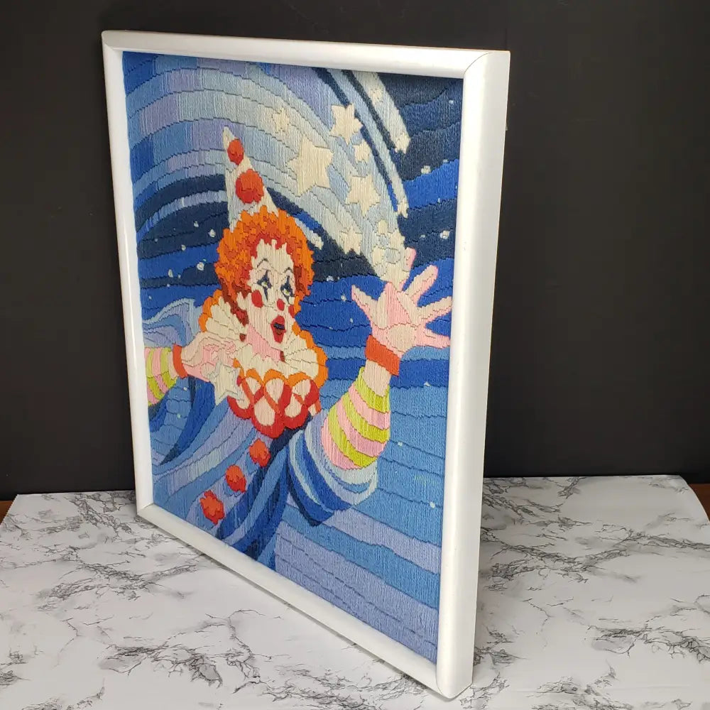 Framed Handmade Catch A Shooting Star Monarch Clown Crewel (Vintage) Decor
