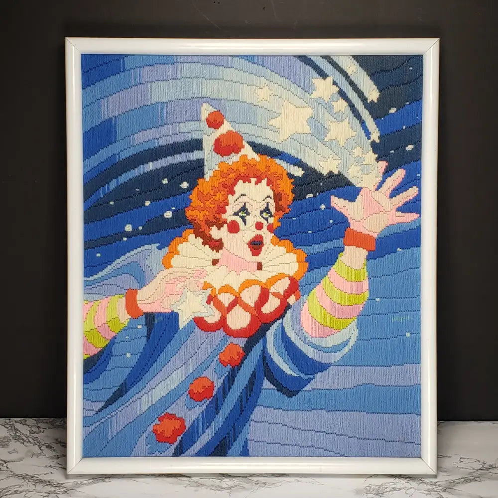 Framed Handmade Catch A Shooting Star Monarch Clown Crewel (Vintage) Decor