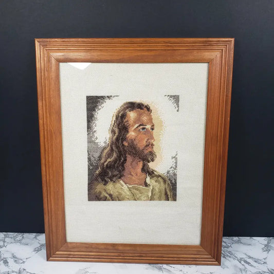 Framed Needlepoint Jesus Detailed Handmade Vintage Decor