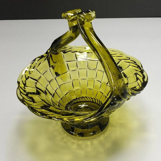 Glass Basket Woven Pattern Olive Green Vintage - Decor
