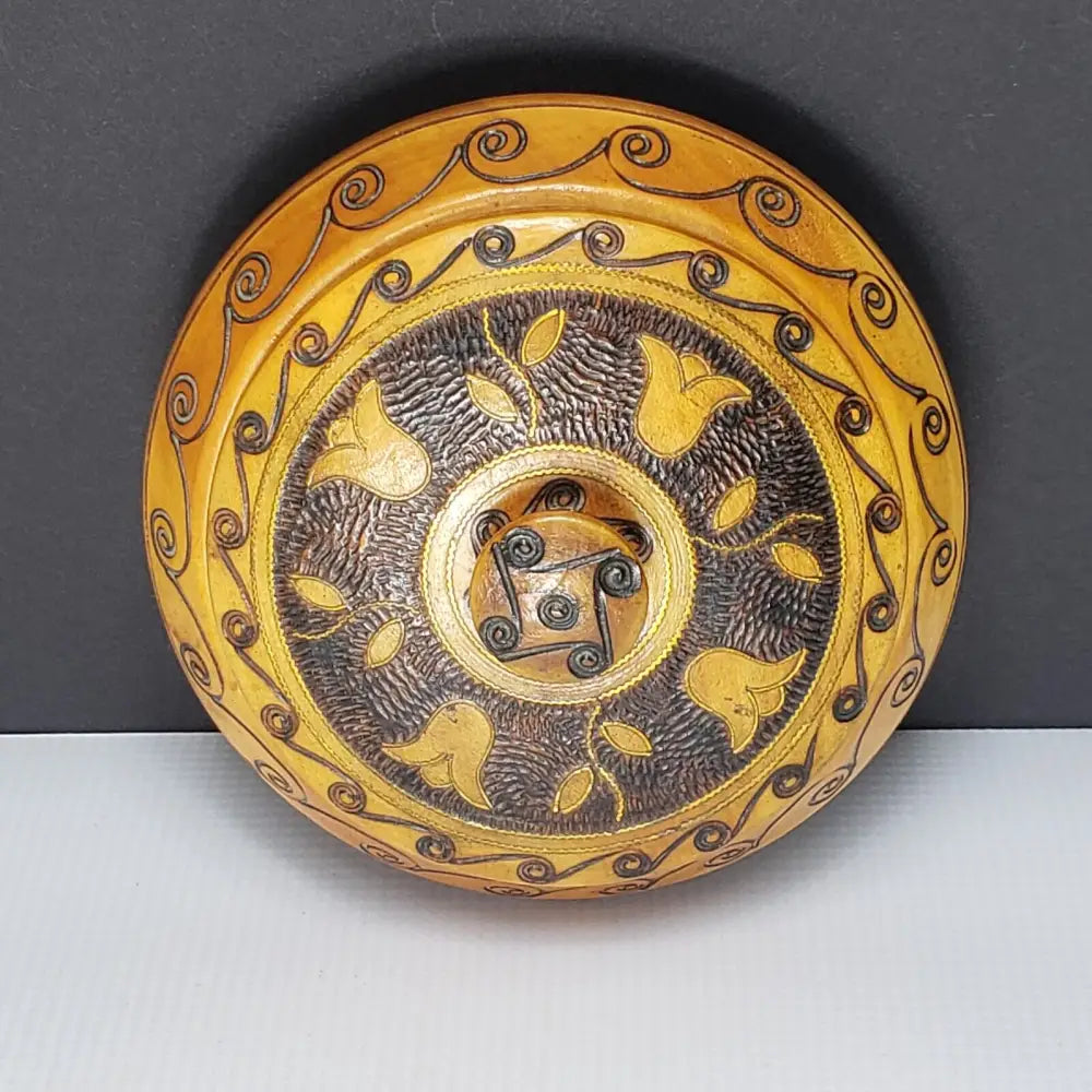 Hand Carved Copper Inlayed Round Lidded Wood Box (Vintage) Decor