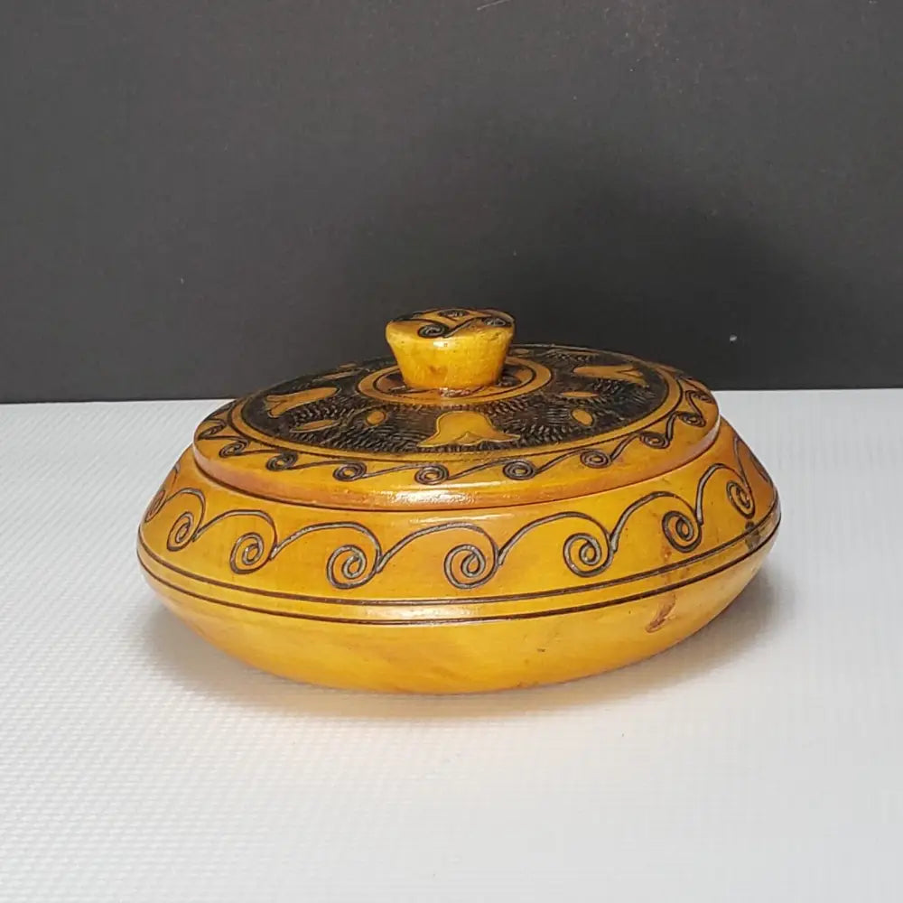 Hand Carved Copper Inlayed Round Lidded Wood Box (Vintage) Decor