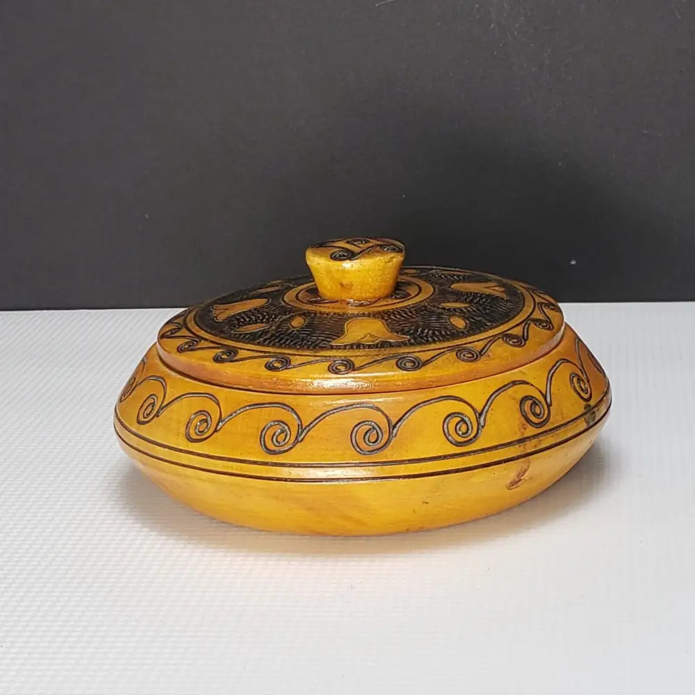 Hand Carved Copper Inlayed Round Lidded Wood Box (Vintage) Decor