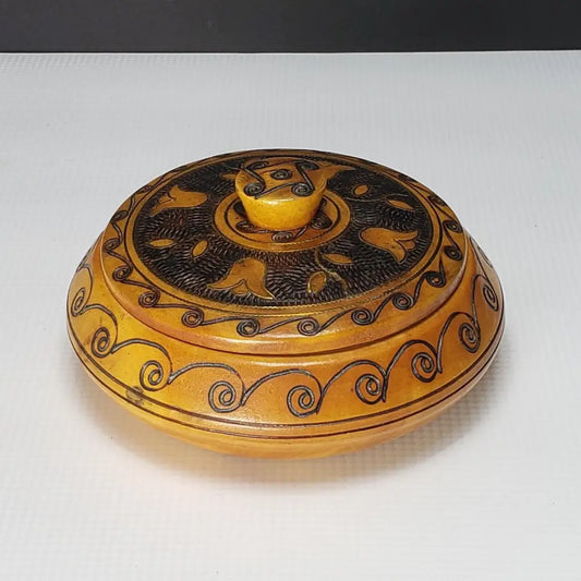 Hand Carved Copper Inlayed Round Lidded Wood Box (Vintage) Decor