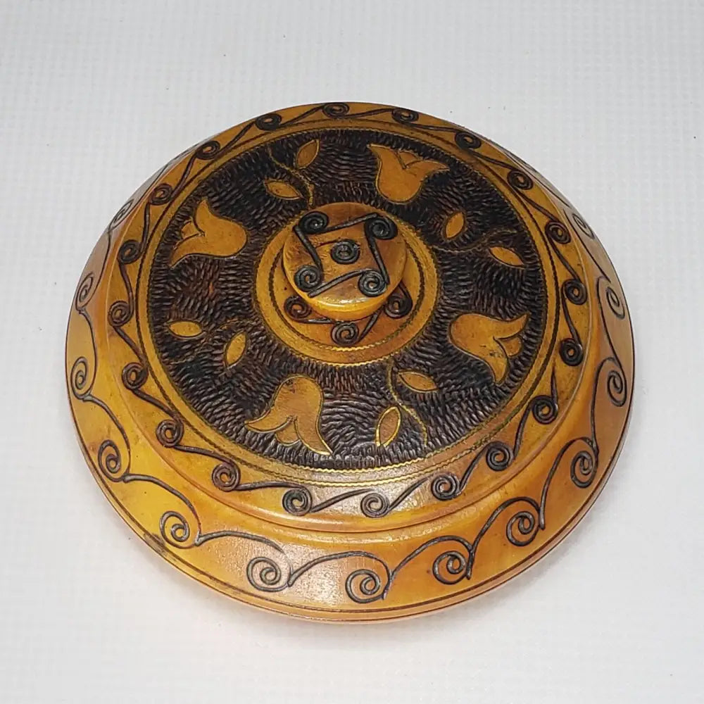 Hand Carved Copper Inlayed Round Lidded Wood Box (Vintage) Decor