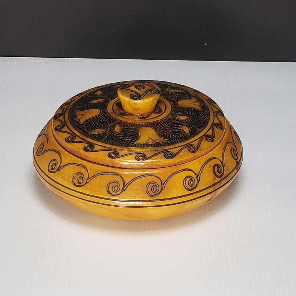 Hand Carved Copper Inlayed Round Lidded Wood Box (Vintage) Decor