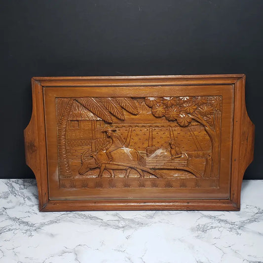 Hand Carved Solid Wood Tray With Tempered Glass (Vintage) Decor