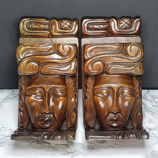 Hand Carved Wood Bookend Set Vintage Decor