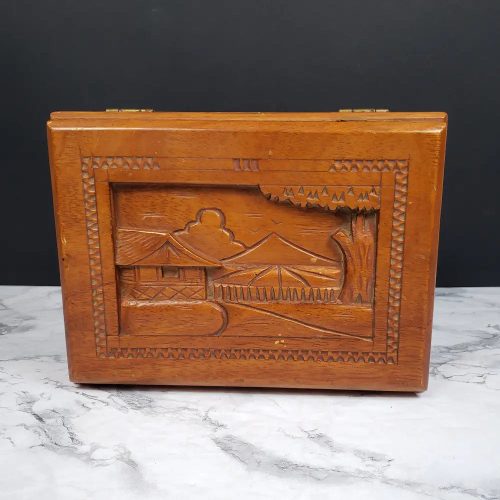 Hand Carved Wood Box Village Scene Vintage