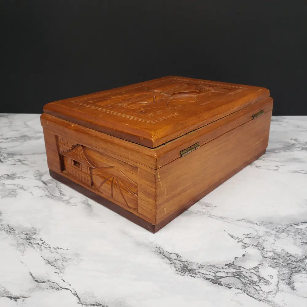 Hand Carved Wood Box Village Scene Vintage