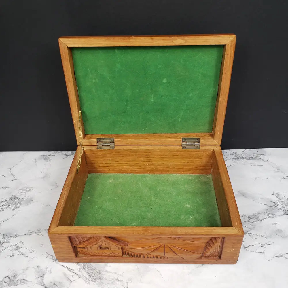 Hand Carved Wood Box Village Scene Vintage