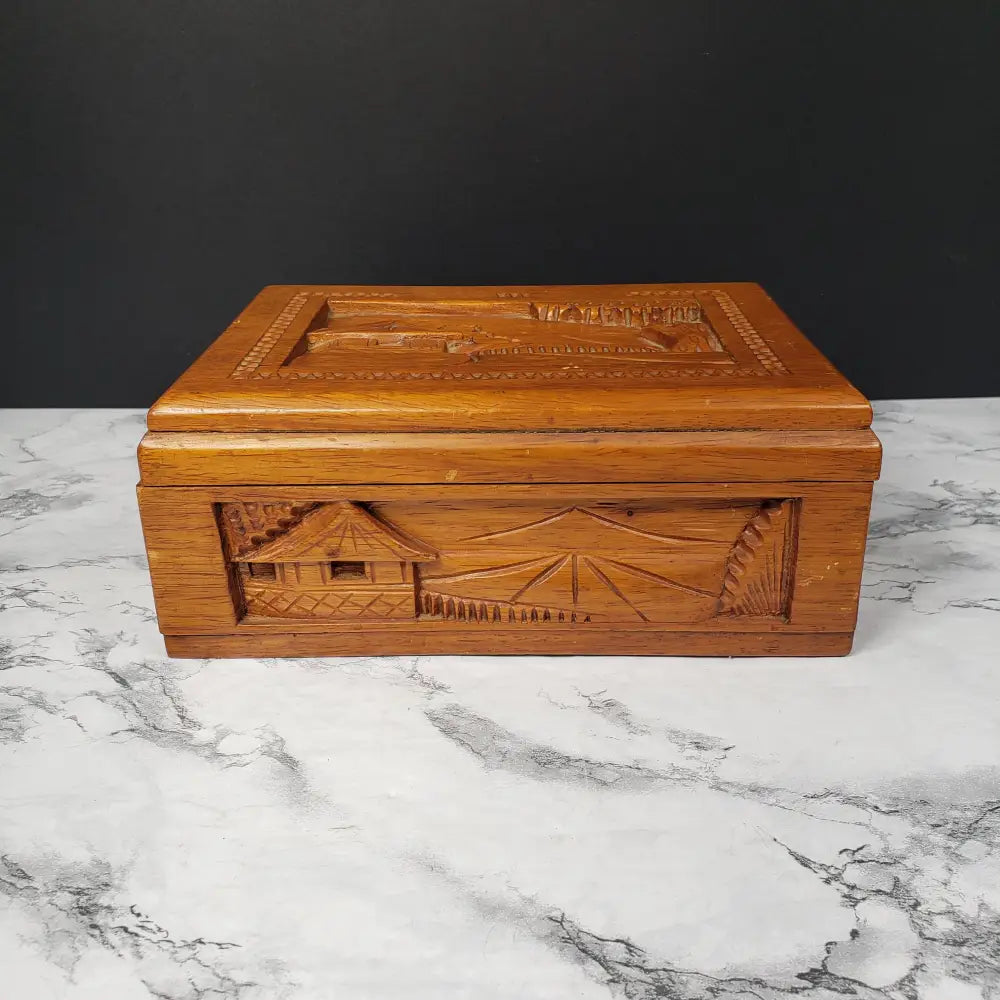 Hand Carved Wood Box Village Scene Vintage