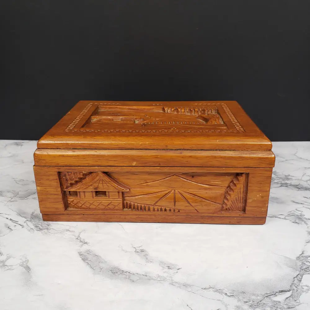 Hand Carved Wood Box Village Scene Vintage