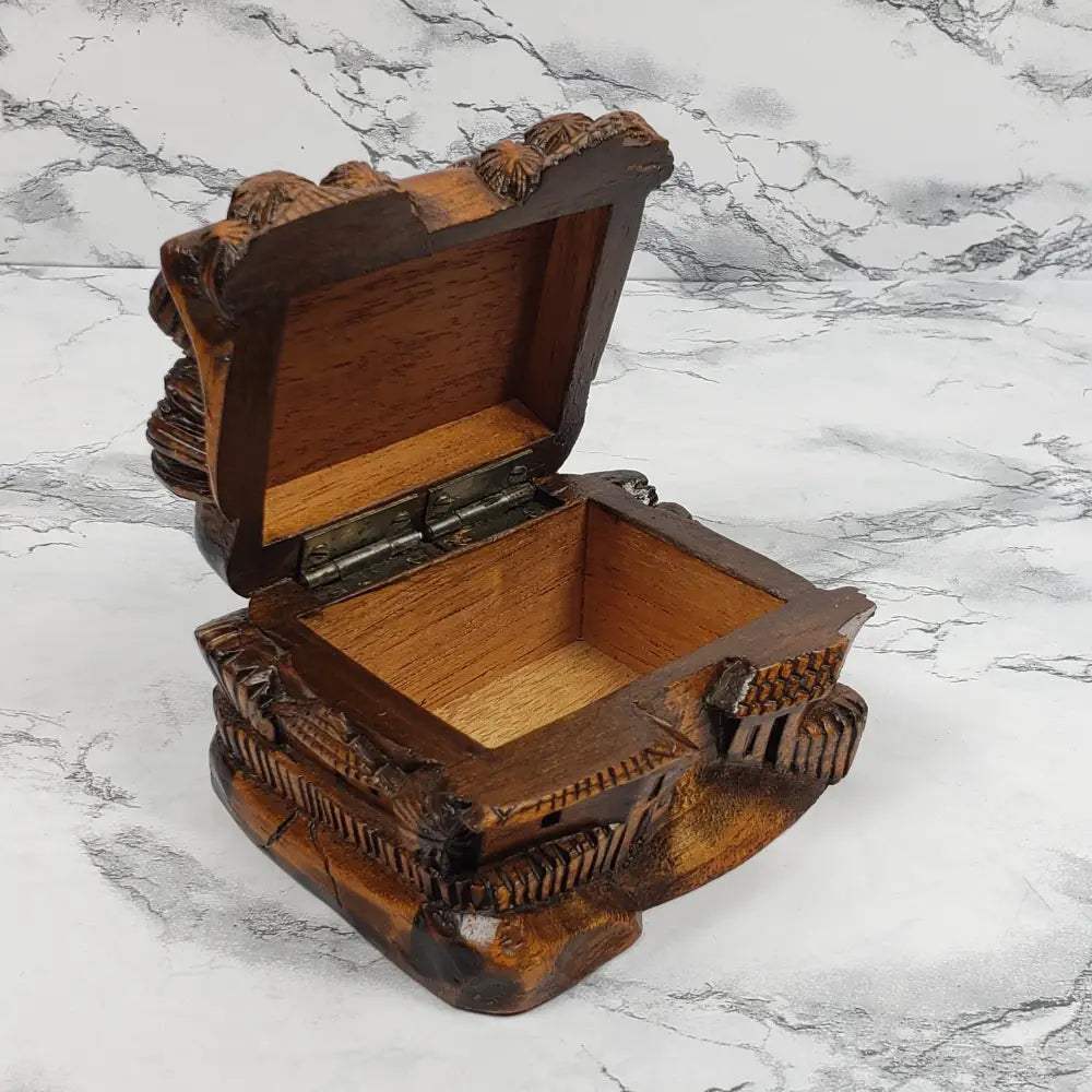 Hand Carved Wood Village Trinket Box Vintage Home & Garden