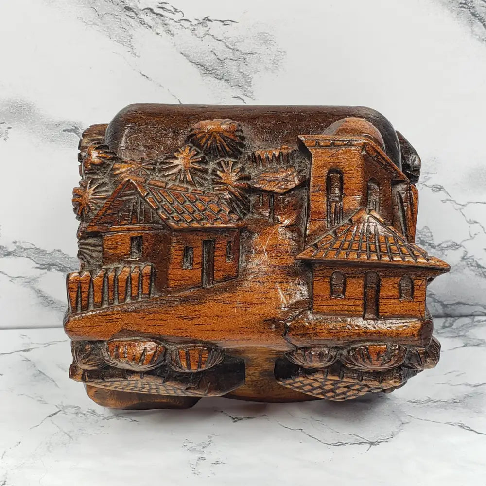 Hand Carved Wood Village Trinket Box Vintage Home & Garden