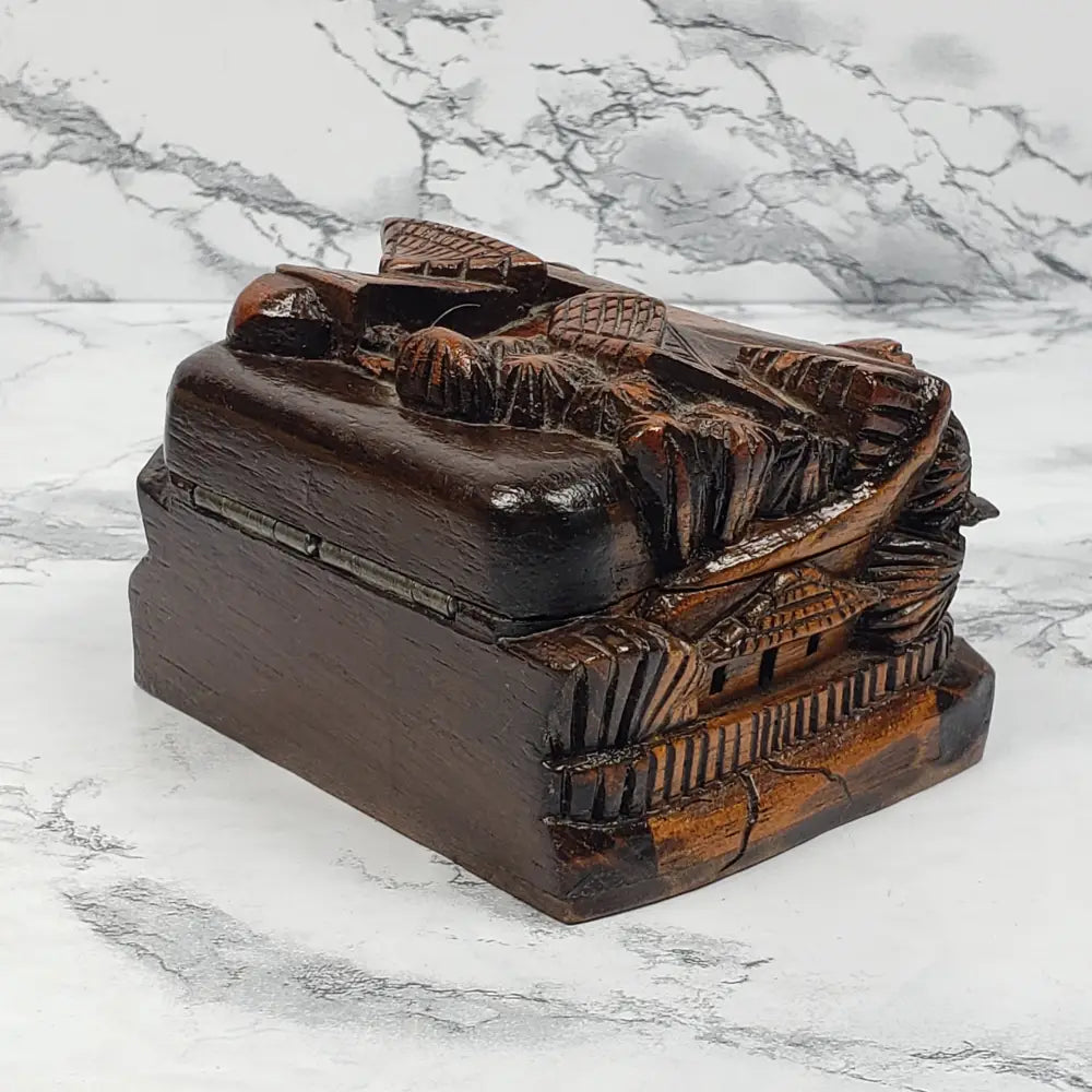Hand Carved Wood Village Trinket Box Vintage Home & Garden
