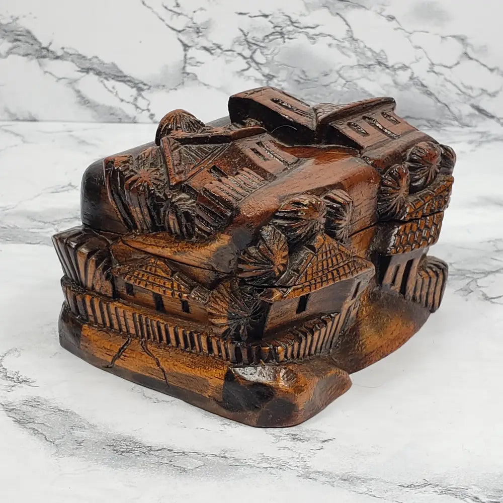 Hand Carved Wood Village Trinket Box Vintage Home & Garden