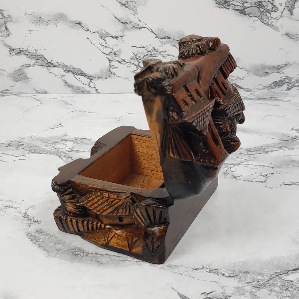 Hand Carved Wood Village Trinket Box Vintage Home & Garden