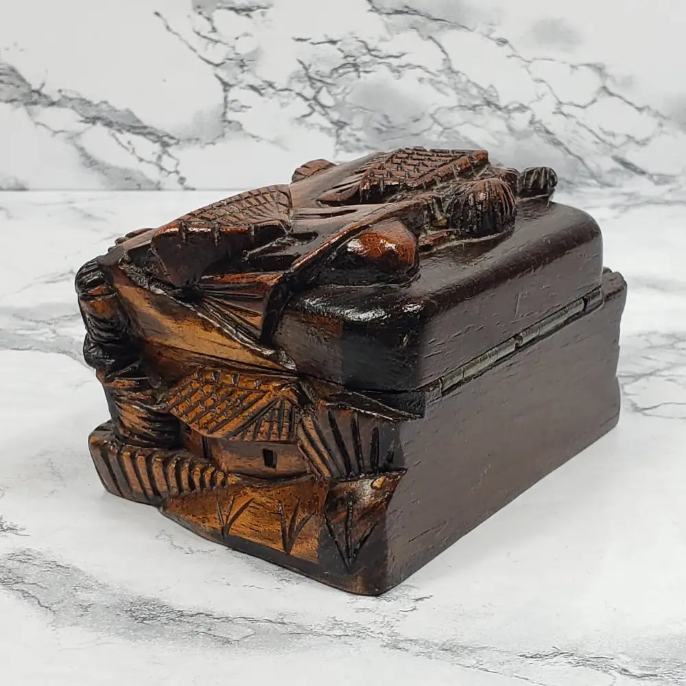 Hand Carved Wood Village Trinket Box Vintage Home & Garden