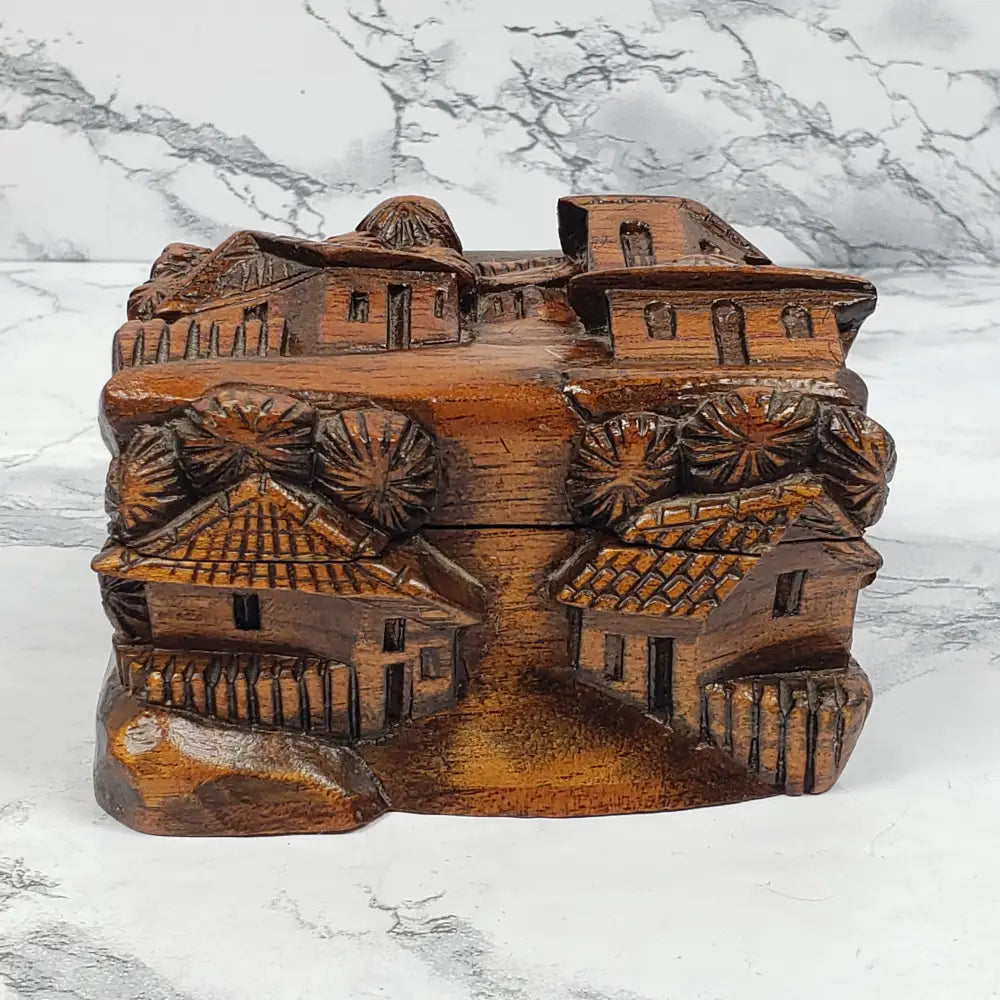 Hand Carved Wood Village Trinket Box Vintage Home & Garden