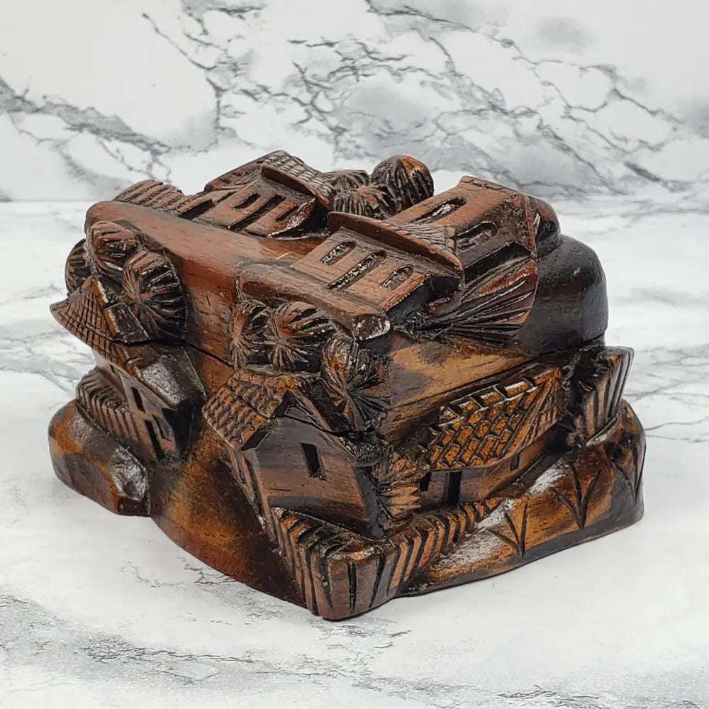 Hand Carved Wood Village Trinket Box Vintage Home & Garden