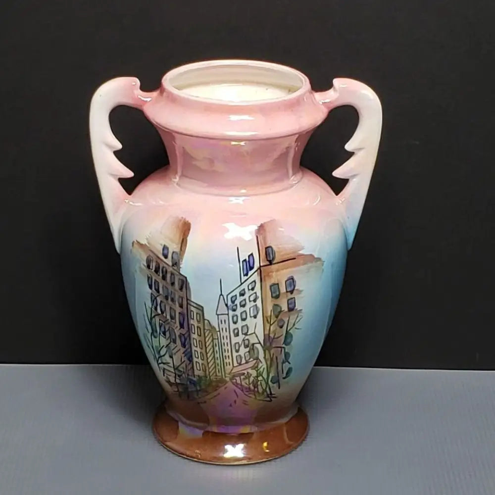 Hand Painted Pearlescent Double Handled Art Deco Urn Vase