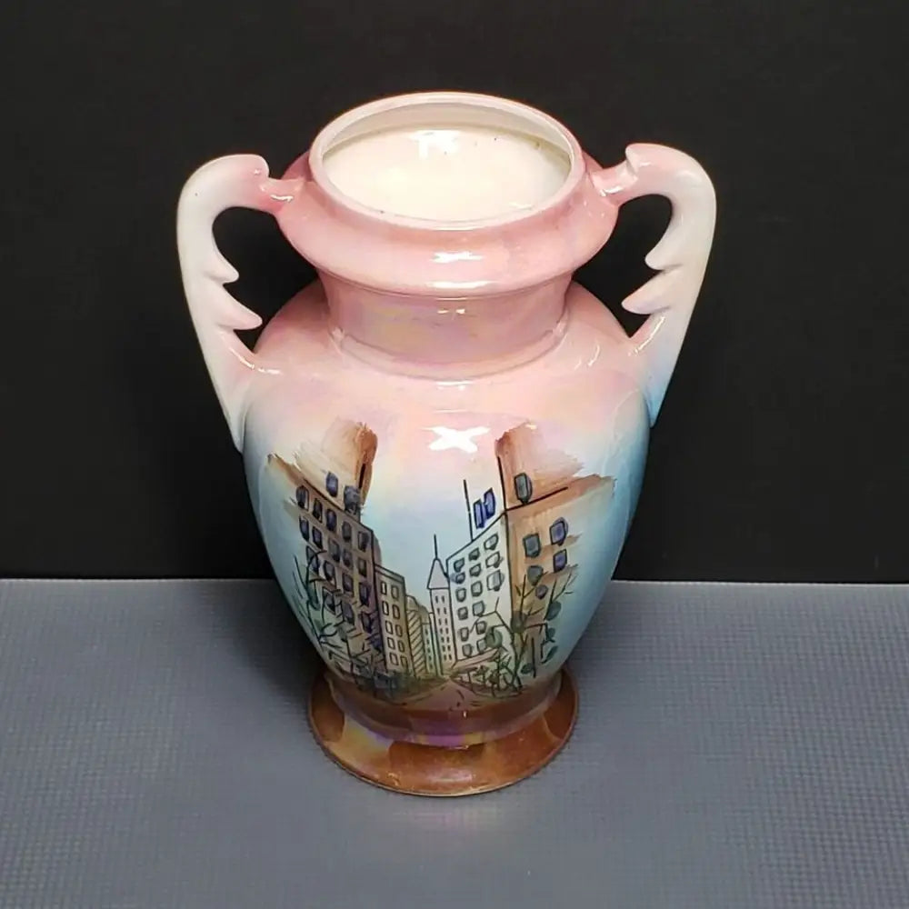 Hand Painted Pearlescent Double Handled Art Deco Urn Vase