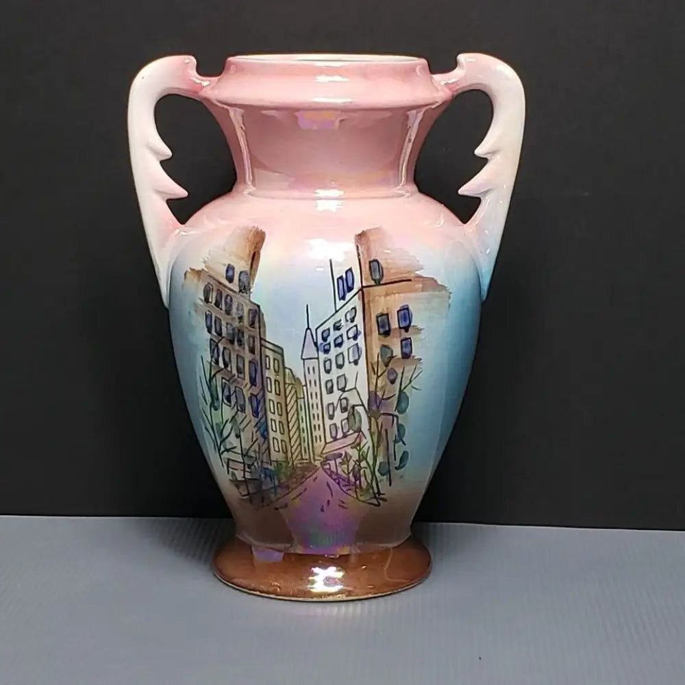 Hand Painted Pearlescent Double Handled Art Deco Urn Vase