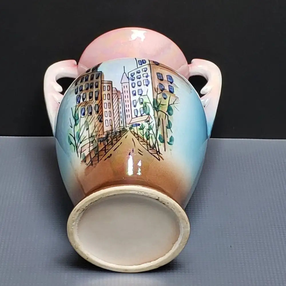 Hand Painted Pearlescent Double Handled Art Deco Urn Vase