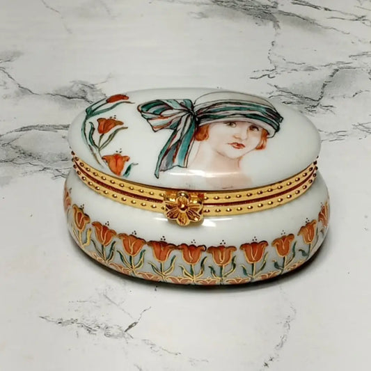 Hand Painted Porcelain Trinket Box Artist Signed ( Vintage ) Decor