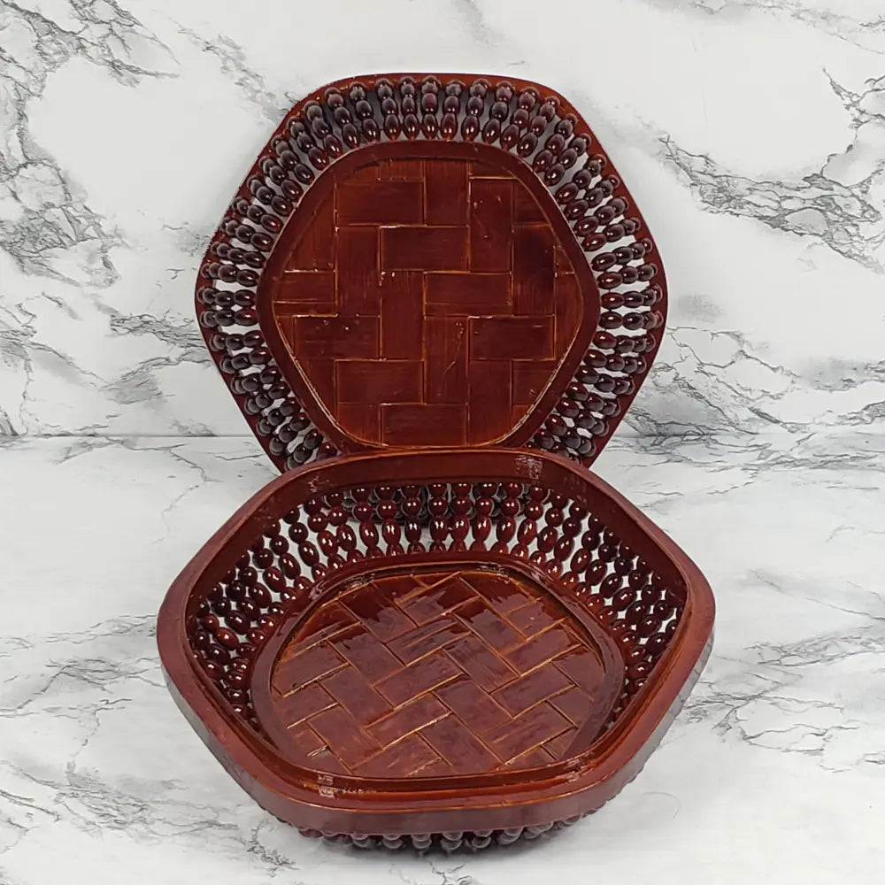 Handmade Asian Bamboo Lacquered Beaded Basket Vintage Decor