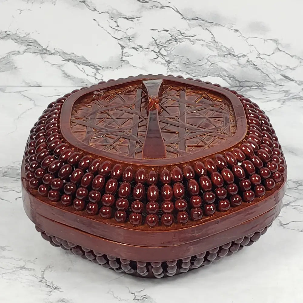 Handmade Asian Bamboo Lacquered Beaded Basket Vintage Decor
