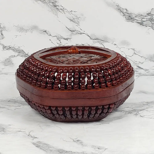 Handmade Asian Bamboo Lacquered Beaded Basket Vintage Decor