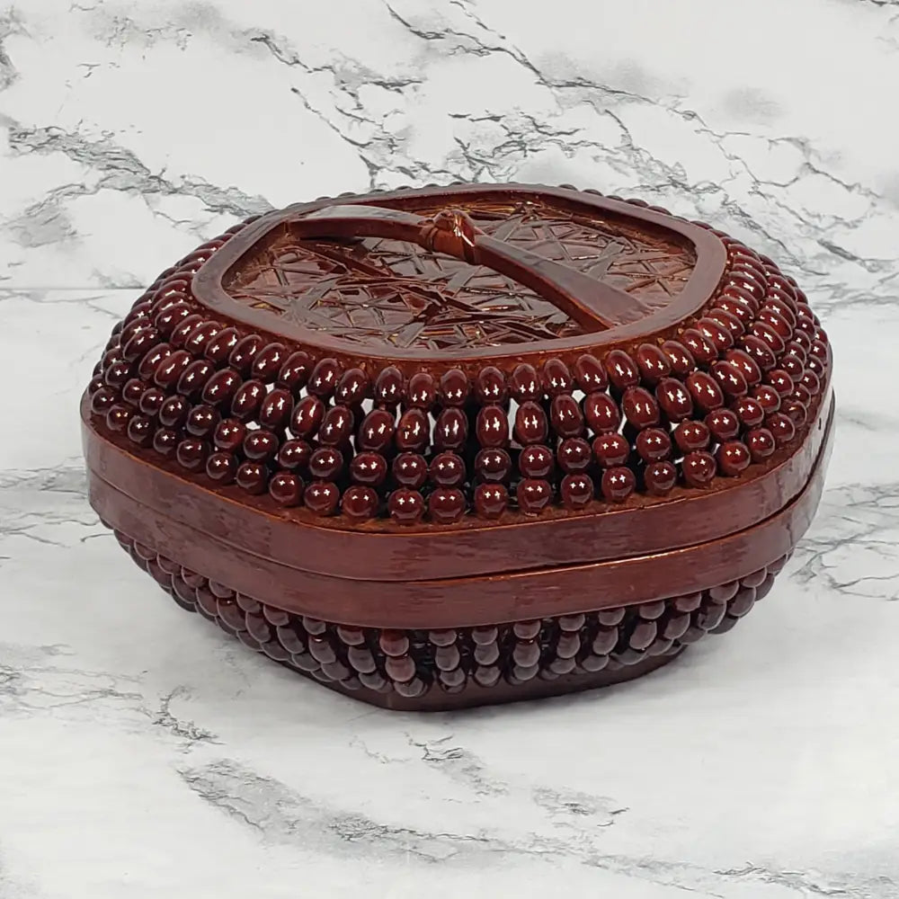 Handmade Asian Bamboo Lacquered Beaded Basket Vintage Decor