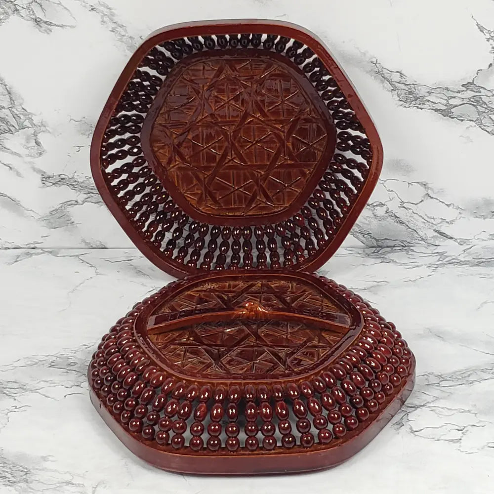 Handmade Asian Bamboo Lacquered Beaded Basket Vintage Decor