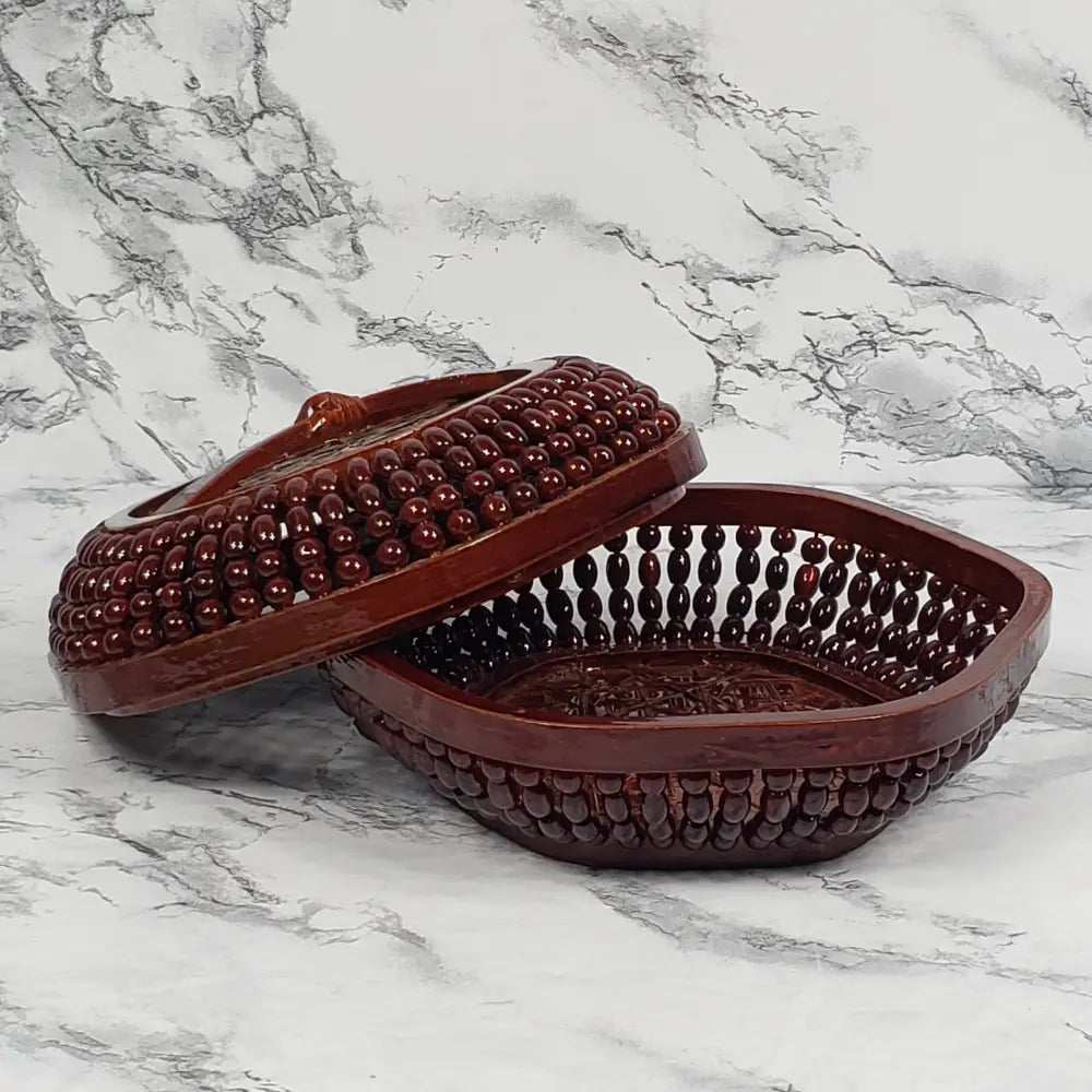 Handmade Asian Bamboo Lacquered Beaded Basket Vintage Decor