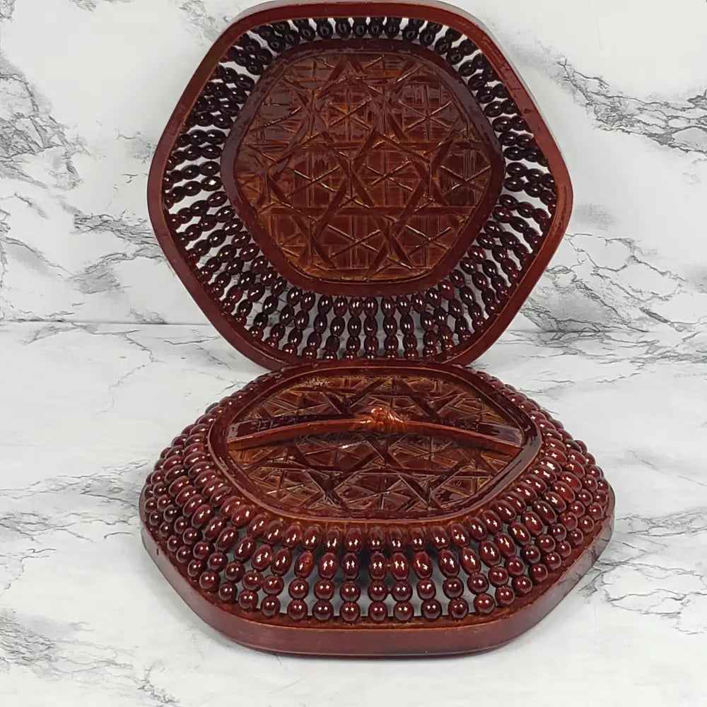 Handmade Asian Bamboo Lacquered Beaded Basket Vintage Decor