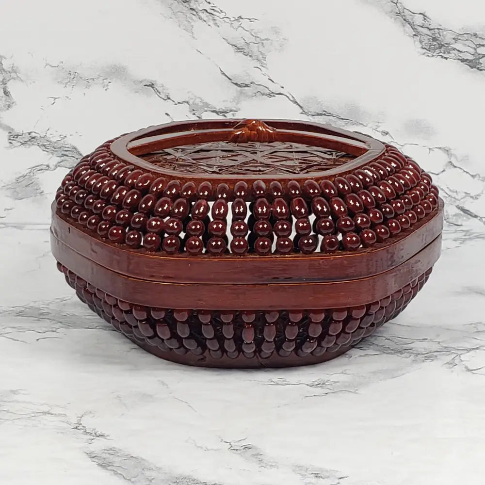 Handmade Asian Bamboo Lacquered Beaded Basket Vintage Decor