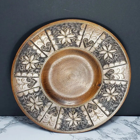 Handmade Krakow Poland Copper Inlayed Carved Wood Plate Vintage Decor