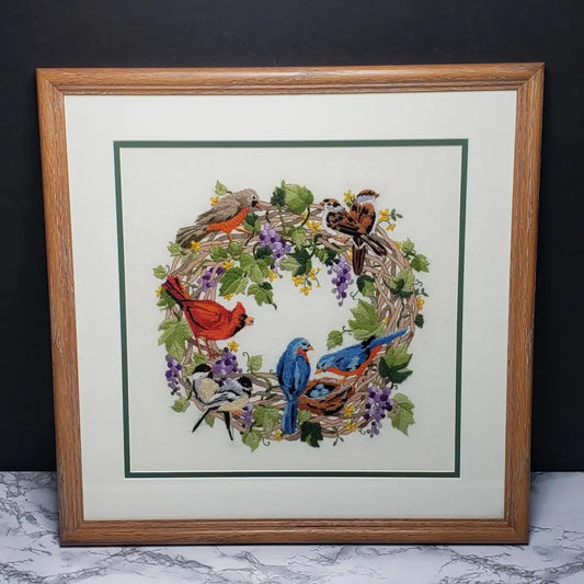 Handmade Crewel Birds Framed & Matted (Vintage) Decor