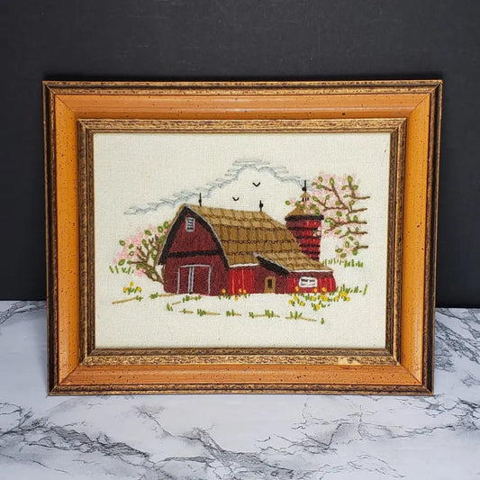 Handmade Framed Crewel Barn Scene Art Vintage - Decor
